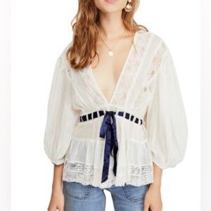 Women's Cream Lace-Trim Peasant Blouse with Navy Ribbon